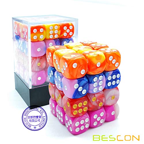 Bescon 12mm 6 Sided Dice 36 in Cube, 12mm Six Sided Die (36) Block of Dice, Gemini Effect in All Assorted Flower Colors