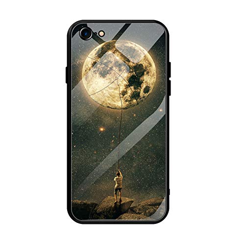 Caler Cubierta Trasera de Vidrio Templado, Funda Reemplazo para iPhone 6 Plus／6S Plus Borde de Estuche Silicona Suave y Marmol Cristal Anti-Golpes Anti-Arañazos Protección Cover Caso(Luna)