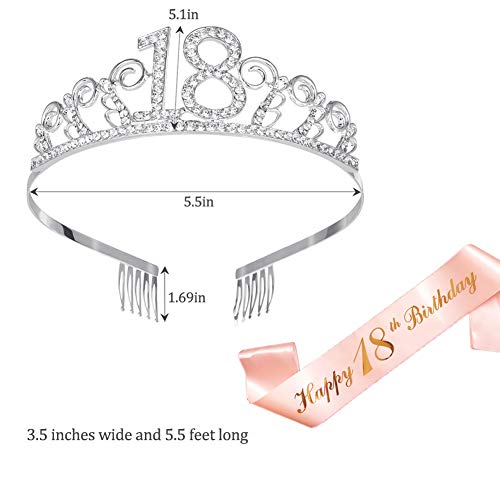 Feliz Cumpleaños 18th,18th Plata Cristal Tiara Corona de Cumpleaños, Banda de Satén Brillante Rose Gold 18th Birthday Sash, Regalo de 18 Cumpleaños