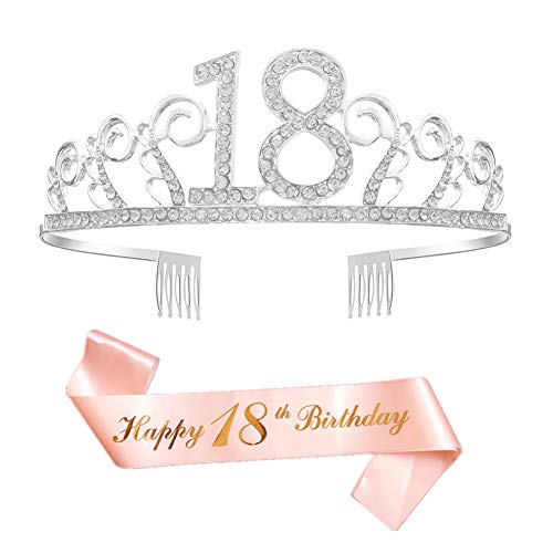 Feliz Cumpleaños 18th,18th Plata Cristal Tiara Corona de Cumpleaños, Banda de Satén Brillante Rose Gold 18th Birthday Sash, Regalo de 18 Cumpleaños