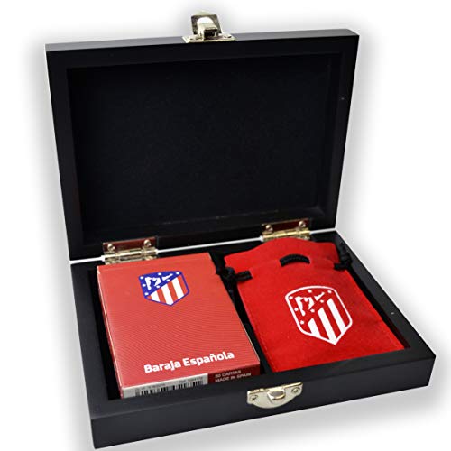 Fournier Oficial del Atlético de Madrid Conjunto de Mus para Regalo en Caja de Madera con Baraja de Cartas Española y Amarracos, Colchonero