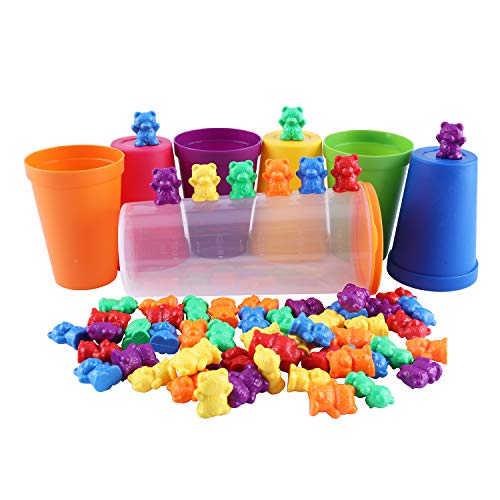 MYCeator - Juego de 71 piezas de osos de conteo de arcoíris con tazas de clasificación y pinzas a juego - Juego de juego de colores de Montessori Rainbow - Juguetes educativos para niños pequeños