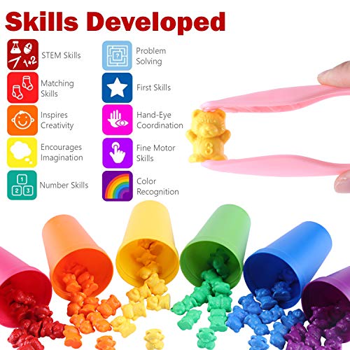 MYCeator - Juego de 71 piezas de osos de conteo de arcoíris con tazas de clasificación y pinzas a juego - Juego de juego de colores de Montessori Rainbow - Juguetes educativos para niños pequeños