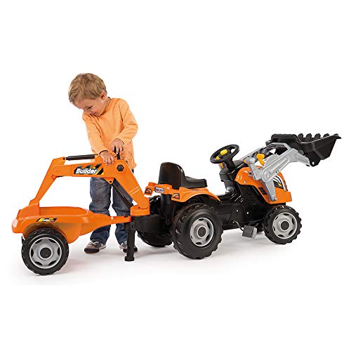 Smoby 710110 Builder Max Tractor a pedales con pala, excavadora y remolque, Negro/Gris/Naranja