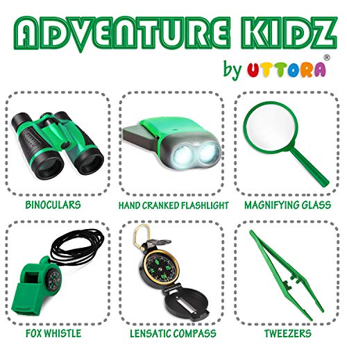 UTTORA Kit de Binoculares para Niños, Kit de Exploración para Niños 7 en 1, Prismáticos, Linterna LED de Mano, Brújula, Lupa, Silbato, Mochilla de Colección, Juego de Explorador para Niños (Green)