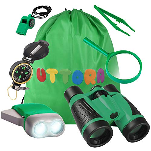 UTTORA Kit de Binoculares para Niños, Kit de Exploración para Niños 7 en 1, Prismáticos, Linterna LED de Mano, Brújula, Lupa, Silbato, Mochilla de Colección, Juego de Explorador para Niños (Green)