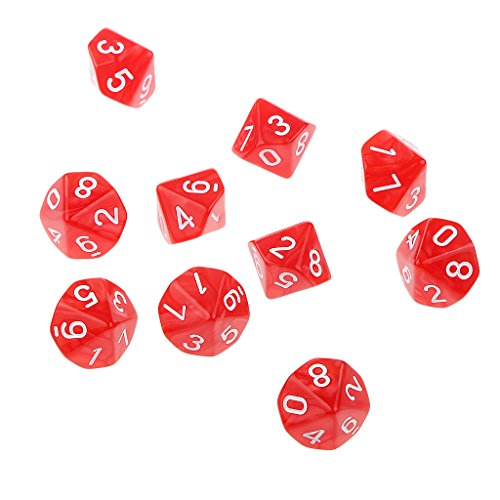 10pcs Juegos de Mesa Dados de Diez Caras 0~9 D & D TRPG - Rojo