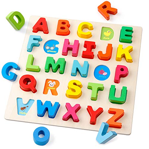 Alfabeto de Madera Rompecabezas ABC Cartas Peg Junta Perilla Montessori Jigsaw Bloques Aprendizaje Temprano Juguete Educativo Regalo para 1 2 3 años de Edad Niño Niños bebés