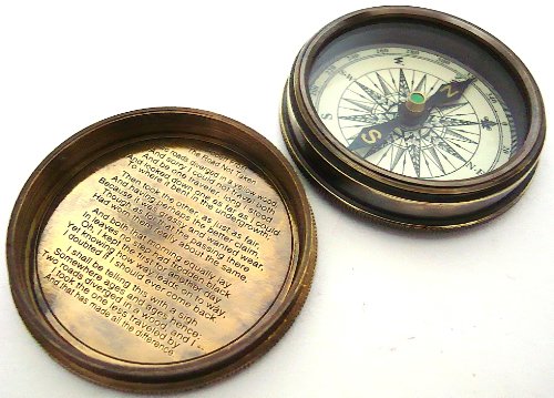 Antique Brass Poem Compass With Leather Case