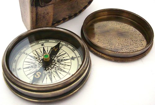 Antique Brass Poem Compass With Leather Case