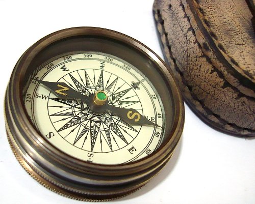 Antique Brass Poem Compass With Leather Case