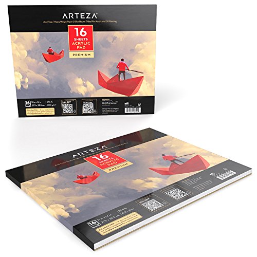 Arteza Cuadernos de pintura acrílica | Tamaño 27, 9 x 35,5 cm | Pack de 2 blocs de papel pesado (400g) para pintar con acrílico y óleo | 16 lienzos por cuaderno (32 en total) | Encuadernados con cola