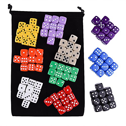 AUSTOR 100 Piezas 6 - Sided Dice Set, 10 x 10 Colores Diferentes 16mm acrílico Dados con Free Velvet Bolsas para Tenzi, Farkle, Yahtzee, Bunco o la enseñanza de Las matemáticas