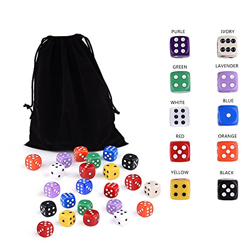 AUSTOR 100 Piezas 6 - Sided Dice Set, 10 x 10 Colores Diferentes 16mm acrílico Dados con Free Velvet Bolsas para Tenzi, Farkle, Yahtzee, Bunco o la enseñanza de Las matemáticas