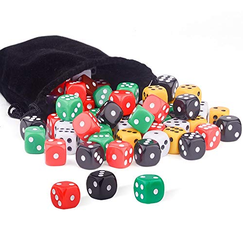 AUSTOR 50 piezas 6 - sided dice set, 5 x 10 colores diferentes 16mm acrílico dados con Free Velvet bolsas para Tenzi, Farkle, Yahtzee, Bunco o la enseñanza de las matemáticas