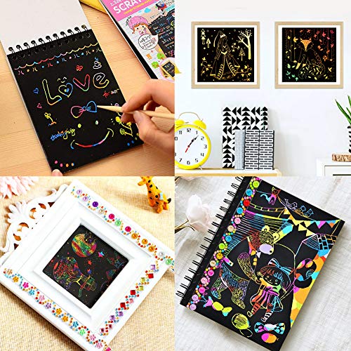 AYUQI Scratch Art Paper Notebook, dibujar niños, scratch art para niños, juego manualidades, plantillas para dibujar niños, DIY Kit con Regla de Dibujo y Plumas de Madera