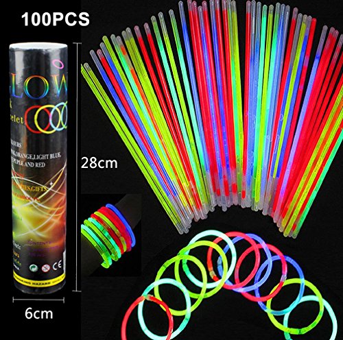 Barras luminosas, Pack de 100 Pulseras fluorescentes glow pack multicolor,Simuer Glow Sticks Varitas Luminosas para Fiestas -8" collares, kits para crear gafas