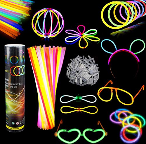 Barras luminosas, Pack de 100 Pulseras fluorescentes glow pack multicolor,Simuer Glow Sticks Varitas Luminosas para Fiestas -8" collares, kits para crear gafas