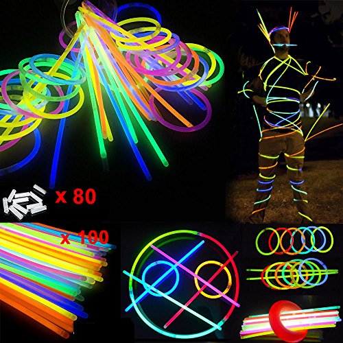 Barras luminosas, Pack de 100 Pulseras fluorescentes glow pack multicolor,Simuer Glow Sticks Varitas Luminosas para Fiestas -8" collares, kits para crear gafas