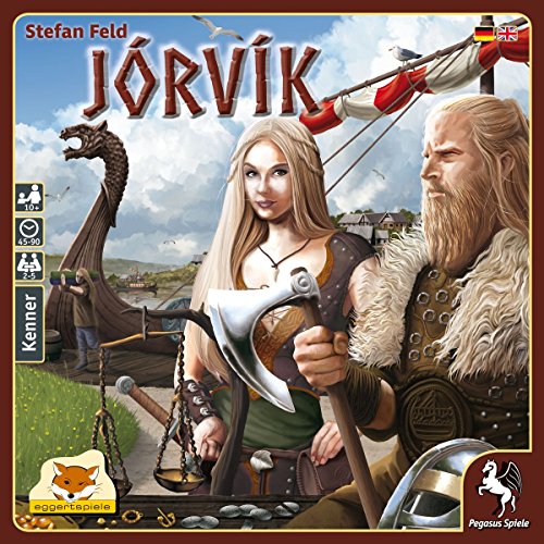 Jorvik: 1 Spielplan / 104 Karten / 54 Warensteine / 1 beutel / 22 hölzerne Wikinger / 5 Spielerablagen / 5 Siegpunktmarker / 30 Münzen / 1 Sartspielmarker / 2 Spielanleitungen  deutsch - englisch