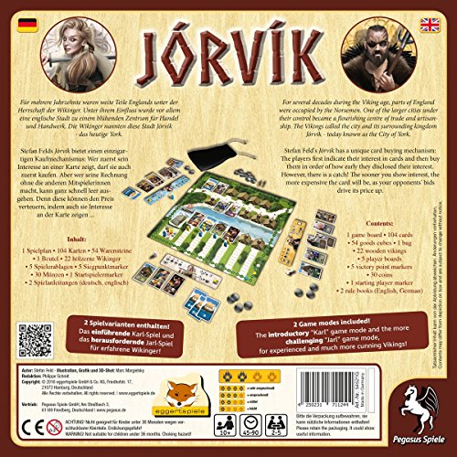 Jorvik: 1 Spielplan / 104 Karten / 54 Warensteine / 1 beutel / 22 hölzerne Wikinger / 5 Spielerablagen / 5 Siegpunktmarker / 30 Münzen / 1 Sartspielmarker / 2 Spielanleitungen  deutsch - englisch