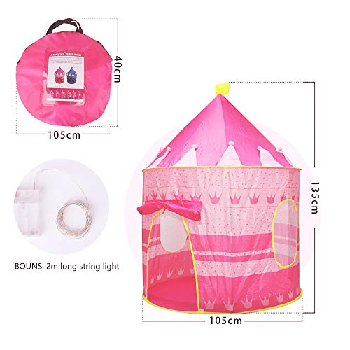 Opret Tienda de Princesa para Niñas Pop Up Carpa Plegable para Niños Carpa Rosa con Bolsa de Transporte y Luz de Cadena para Interiores y Exteriores