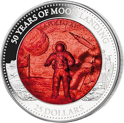 Power Coin Moon Landing Aterrizaje Lunar 50 Aniversario Mother of Pearl 5 Oz Moneda Plata 25$ Solomon Islands 2019