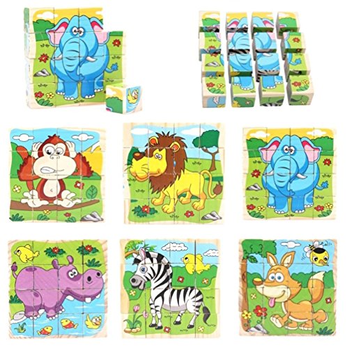 PROW® Bloques de Cubo de Madera de 16 Piezas Rompecabezas, Elefante, Mono, león, hipopótamo, Cebra, Fox 6 imágenes Puzzle de 3 años niños