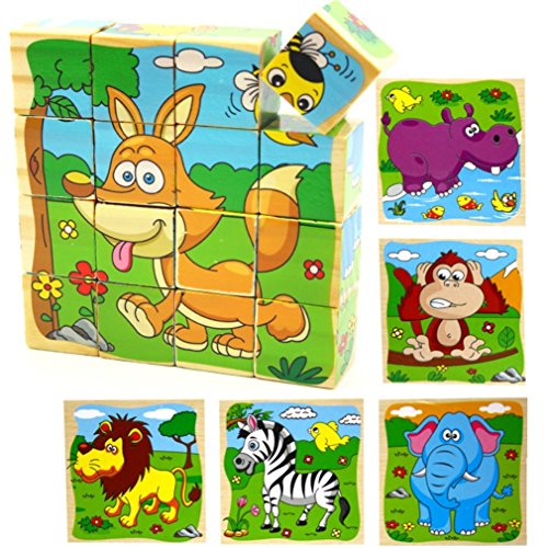 PROW® Bloques de Cubo de Madera de 16 Piezas Rompecabezas, Elefante, Mono, león, hipopótamo, Cebra, Fox 6 imágenes Puzzle de 3 años niños