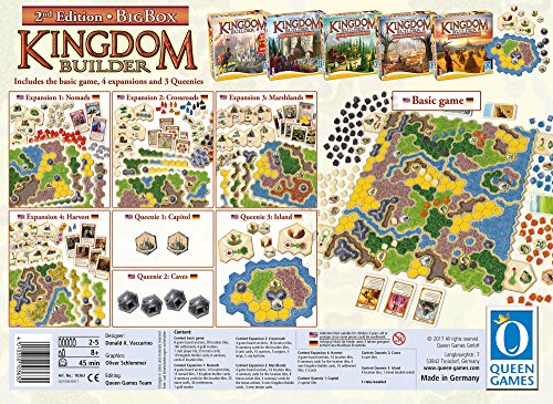 Queen Games Juego de Estrategia Kingdom Builder 10363, Caja Grande, Segunda edición, Juego básico con Todas Las expansiones y Queenies