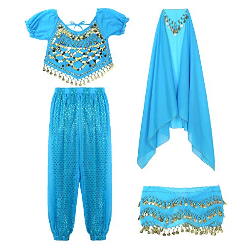 ranrann Disfraz Danza del Vientre para Mujer Lentejuelas Vestido Danza del Oriental Cosplay Conjunto de Baile India Árabe Disfraces Fiesta Carnaval Actuación Lago Azul One Size