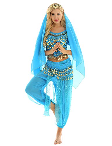 ranrann Disfraz Danza del Vientre para Mujer Lentejuelas Vestido Danza del Oriental Cosplay Conjunto de Baile India Árabe Disfraces Fiesta Carnaval Actuación Lago Azul One Size