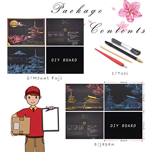 SiYear Scratch Paper Rainbow Painting Sketch, City Series Night Scene, Scratch Painting Creative Gift, Scratchboard Art para Adultos y niños, con 4 Herramientas (Mount Fuji + Cherry Blossom)