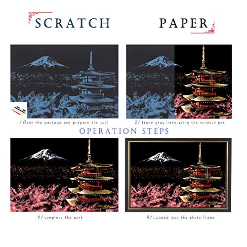 SiYear Scratch Paper Rainbow Painting Sketch, City Series Night Scene, Scratch Painting Creative Gift, Scratchboard Art para Adultos y niños, con 4 Herramientas (Mount Fuji + Cherry Blossom)