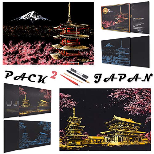 SiYear Scratch Paper Rainbow Painting Sketch, City Series Night Scene, Scratch Painting Creative Gift, Scratchboard Art para Adultos y niños, con 4 Herramientas (Mount Fuji + Cherry Blossom)