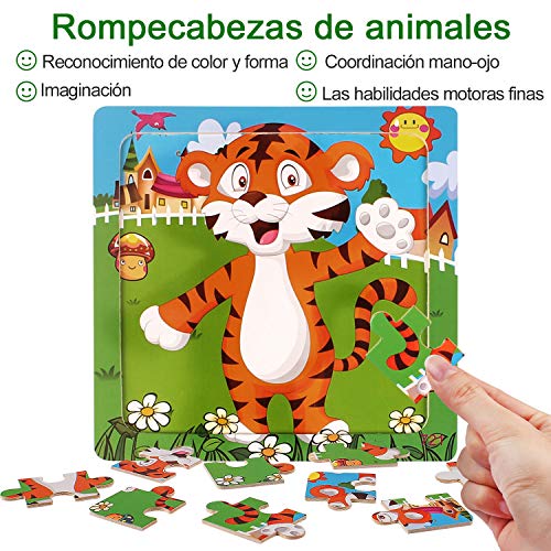 StillCool Puzzles de Madera 9 Piezas, Animales Rompecabezas de Madera Coloridos para Niños Pequeños Aprendizaje Rompecabezas Educativos Juguetes para Niños y Niñas 3-5 Años de Edad (6 Puzzles)