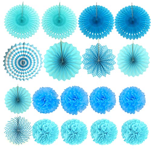 Zerodeco Decoración de la Fiesta, 21 Piezas Abanicos de Papel Bola de Nido Pom Poms Ventilador Cumpleaños Boda Carnaval Bebé Ducha Home Party Supplies Decoración (Azul)