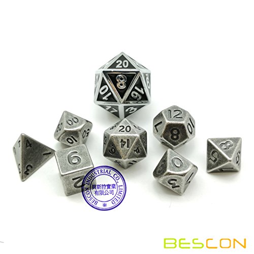 Bescon 10MM Mini Solid Metal Dice Set Old Nickle, Ancient Mini Metallic Polyhedral D&D RPG Miniature Dice 7-sets