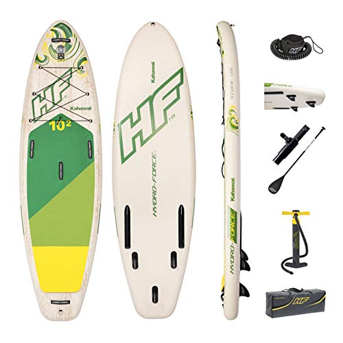 Bestway Kahawai 65308 - Tabla inflable de paddle suft con remo de aluminio, madera y verde (SUP kit con correa, bomba de hinchado con manómetro y bolsa de transporte)