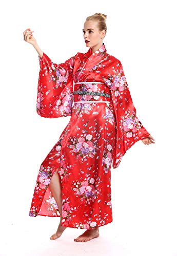 dressmeup - W-0289 Disfraz Mujer Feminino Halloween quimono Kimono Geisha Japón japonaise Chine Rojo Flores de Cerezo Talla S