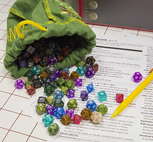 Wiz Dice Halfling Haversack - 140 mini dados de poliedro, 20 colores en juegos completos de 7, tamaño de bolsillo miniatura de 10 mm, portátil e ideal para viajes