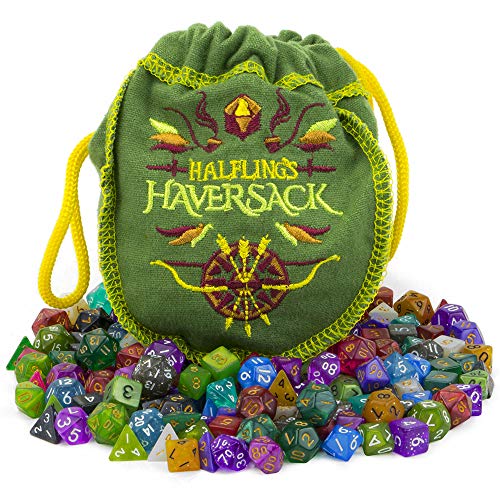 Wiz Dice Halfling Haversack - 140 mini dados de poliedro, 20 colores en juegos completos de 7, tamaño de bolsillo miniatura de 10 mm, portátil e ideal para viajes