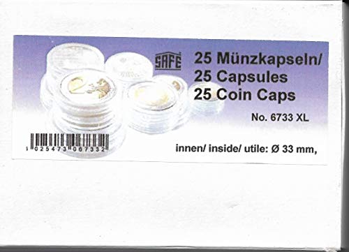 25 x SAFE CAPS 33 mm / - Ideal para medallas - monedas - sistema de monedas - 20 suizos Franekn - 20 Mark DDR - 3 Mark alemán Imperio - Krugerrand 1 onza de oro - 50 $American Eagle oro Dólares - 10 euros/DM - moneda de - fundas