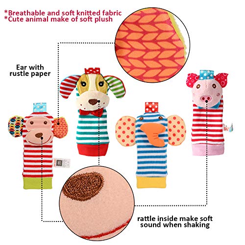 Acekid Foot Rattle para bebé, 8pcs Cute Velvet Animal muñeca sonajeros y Juego de buscador de pies, muñecas de Juguetes de Desarrollo para bebés