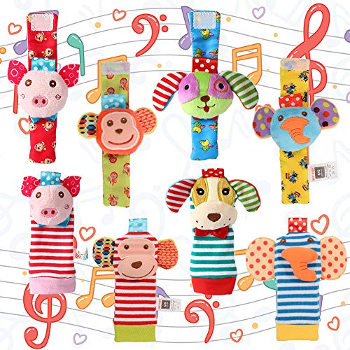 Acekid Foot Rattle para bebé, 8pcs Cute Velvet Animal muñeca sonajeros y Juego de buscador de pies, muñecas de Juguetes de Desarrollo para bebés