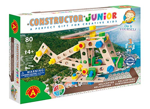 Alexander AT02161 - Juego de construcción 3 en 1 (91 Constructor Junior, 80 Piezas, Madera de Haya, Incluye Herramientas para niños a Partir de 4 años, helicóptero 3 en 1)