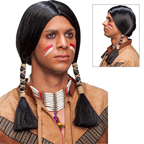 Amakando Postizo Carnaval Apache Peluca de Indio Negro Cabellera Hombre Indio Accesorio Disfraz India Pelo postizo Jefe de Tribu Cabello Hombre con Trenzas