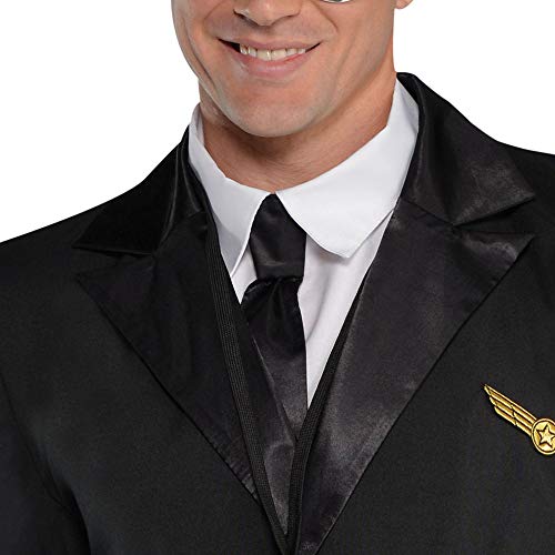 amscan- Adults Costume in Black with Pilot Hat and Lanyard-Size L-1 PC Disfraz Captain Wingman, Color no sólido, 48/50 (844183)