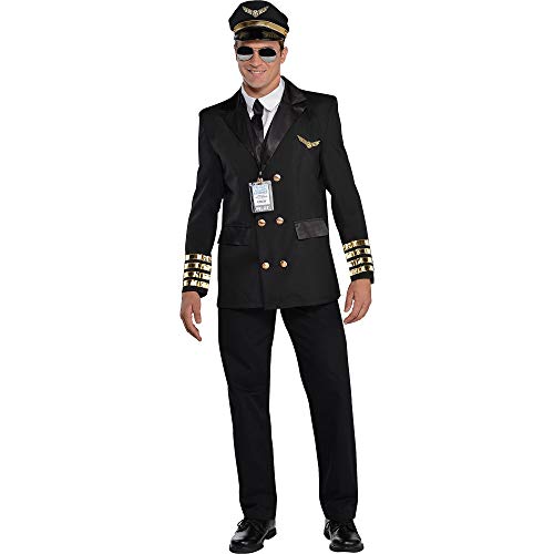 amscan- Adults Costume in Black with Pilot Hat and Lanyard-Size L-1 PC Disfraz Captain Wingman, Color no sólido, 48/50 (844183)