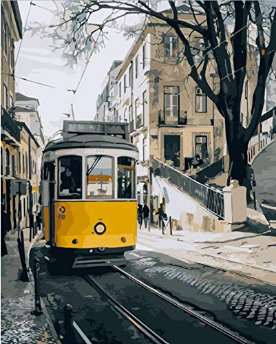 Anfwy Lisboa Calle Pintura de Paisaje por números en Lienzo DIY Pintura Digital por Kits de número para Sala de Estar decoración para el hogar 40x50cm (con Marco)